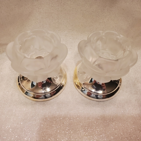 𝅺vintage Set Of 2 William Adams Frosted Rose Candle Holders - Picture 2 of 2